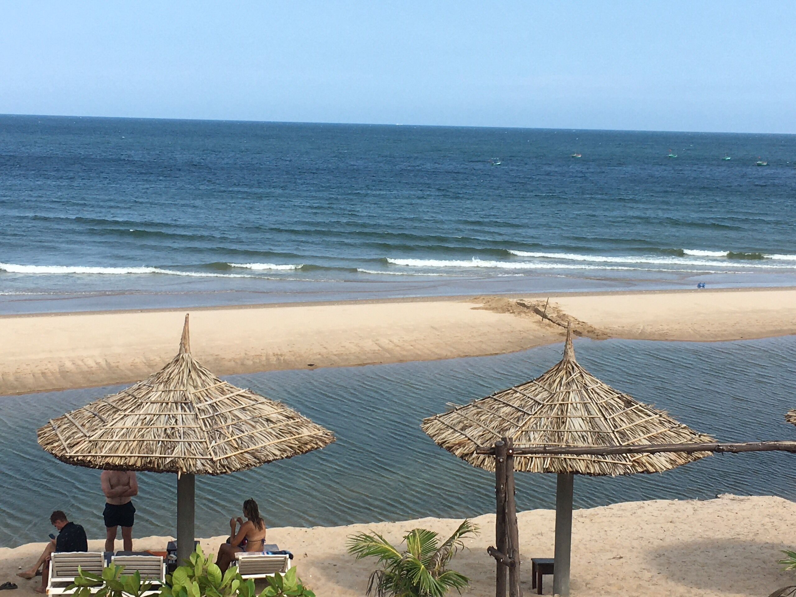 Une plage avec des parasols en chaume et des chaises longues, un rivage sablonneux et l’océan en arrière-plan.