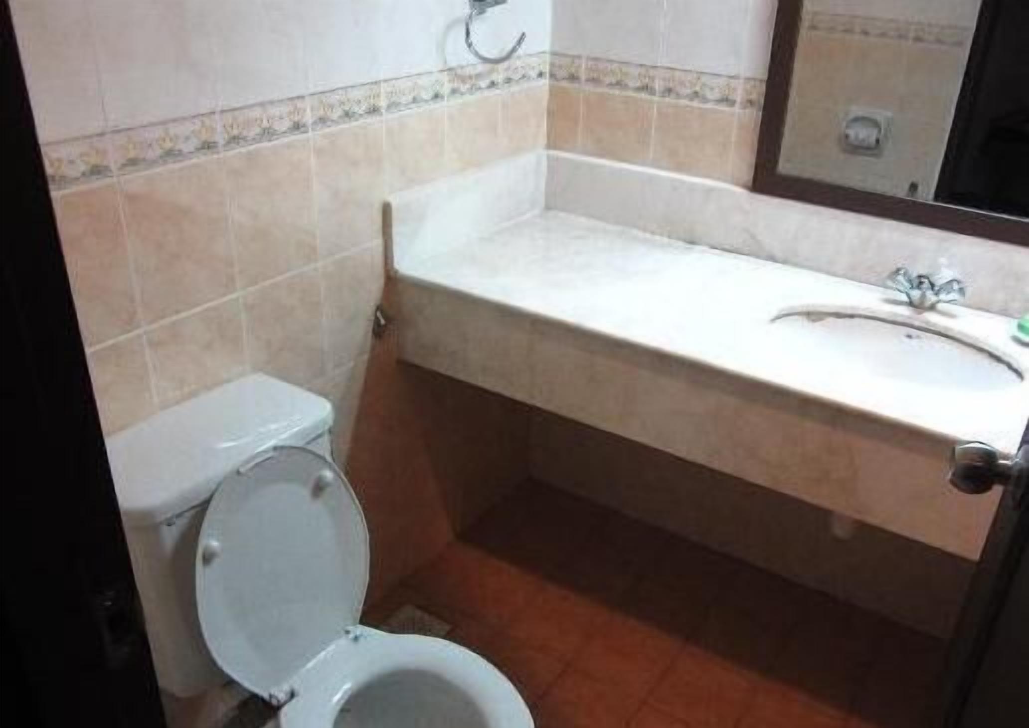 A small bathroom with a toilet, a sink, and a mirror.