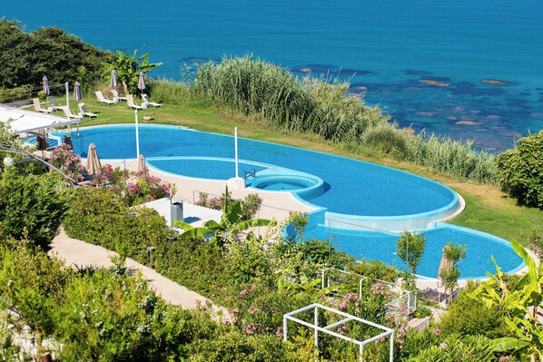 Outdoor pool, pool umbrellas, pool loungers