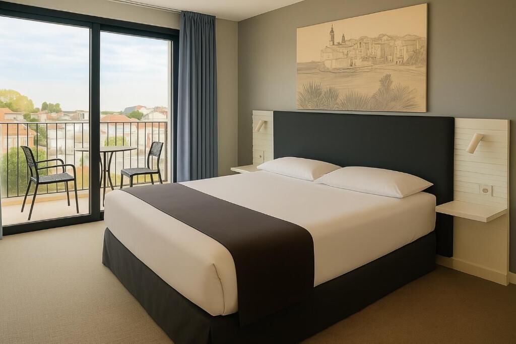 Habitación de hotel con una cama grande, balcón con sillas y vistas a la ciudad.