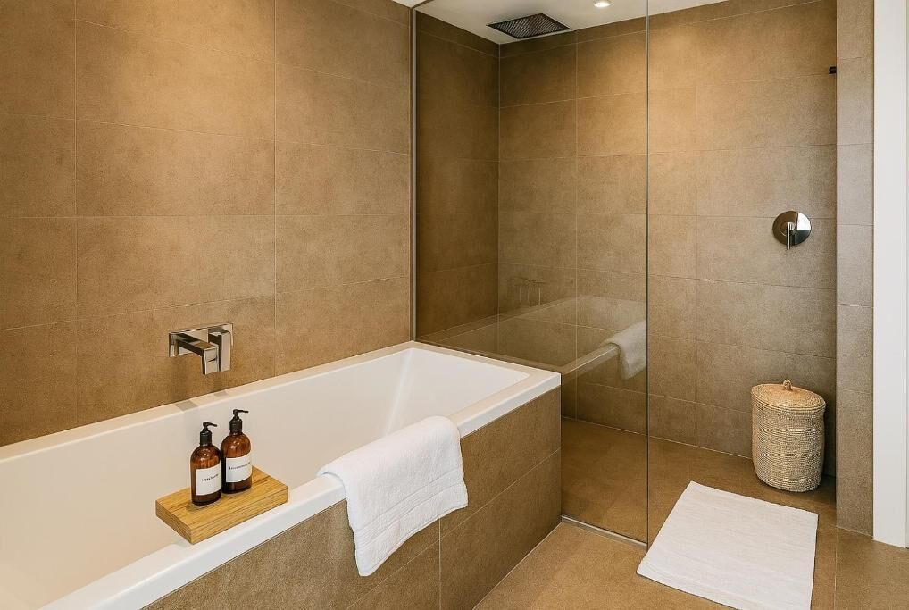Une salle de bain moderne avec une grande baignoire, un espace douche et un petit panier en osier.