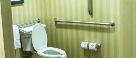 Une salle de bain équipée de toilettes, d’une barre d’appui et d’un porte-rouleau de papier toilette.