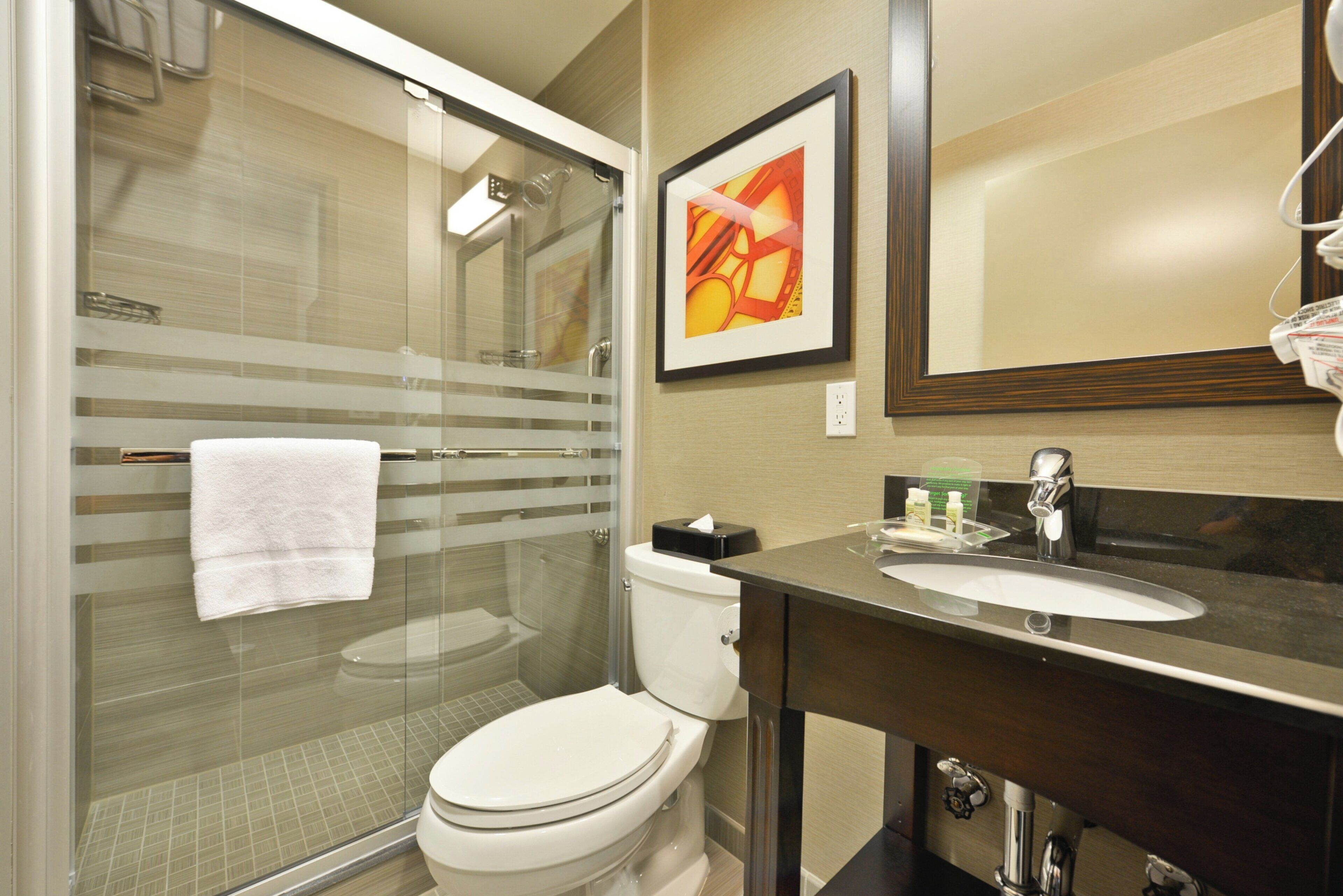 A bathroom with a glass-enclosed shower, a white toilet, a sink with a mirror above it, and a framed abstract painting on the wall.