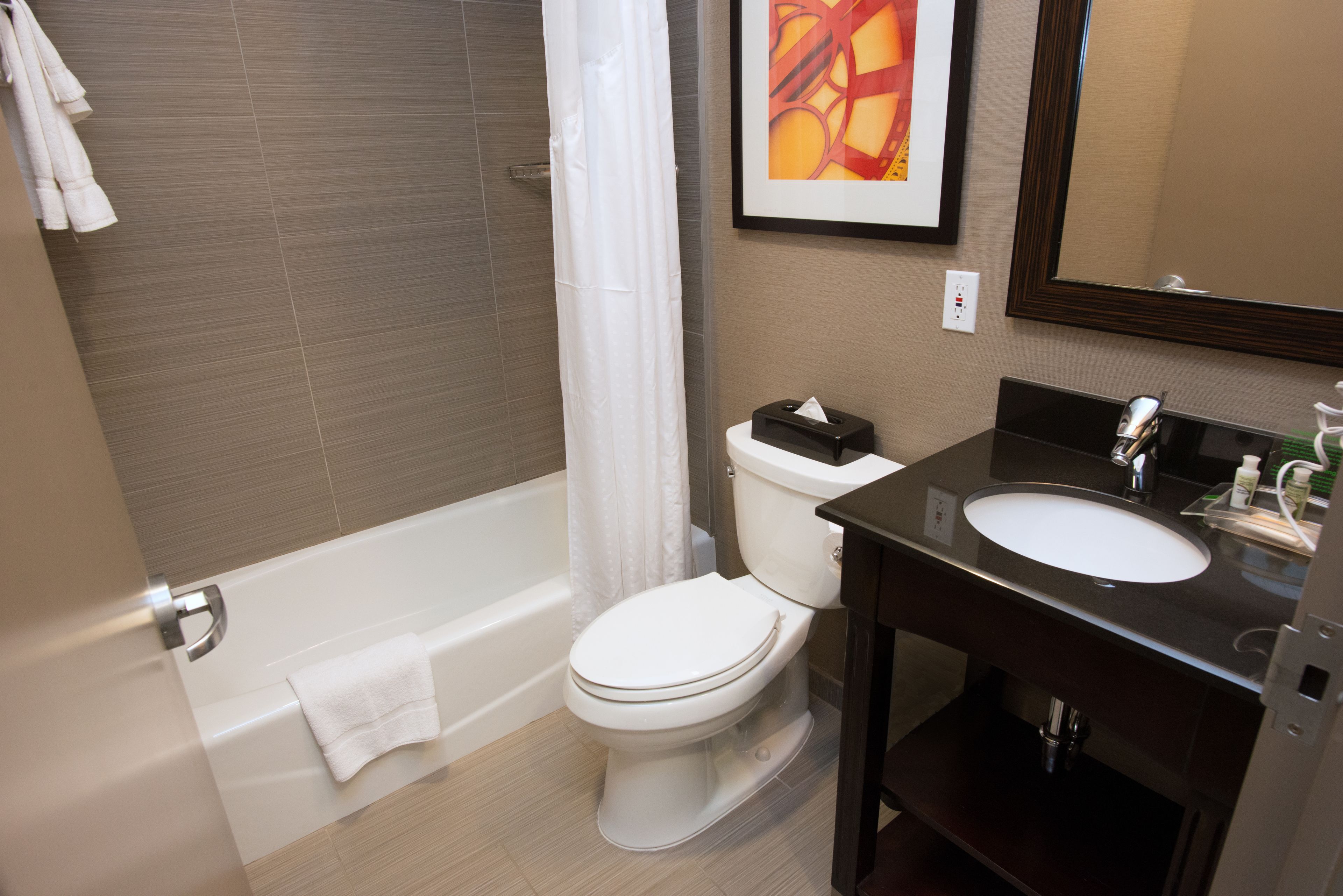 combined shower/bathtub, free toiletries, hair dryer, towels