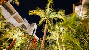 Vista nocturna de un hotel, con una palmera en primer plano y un edificio blanco con balcones al fondo.