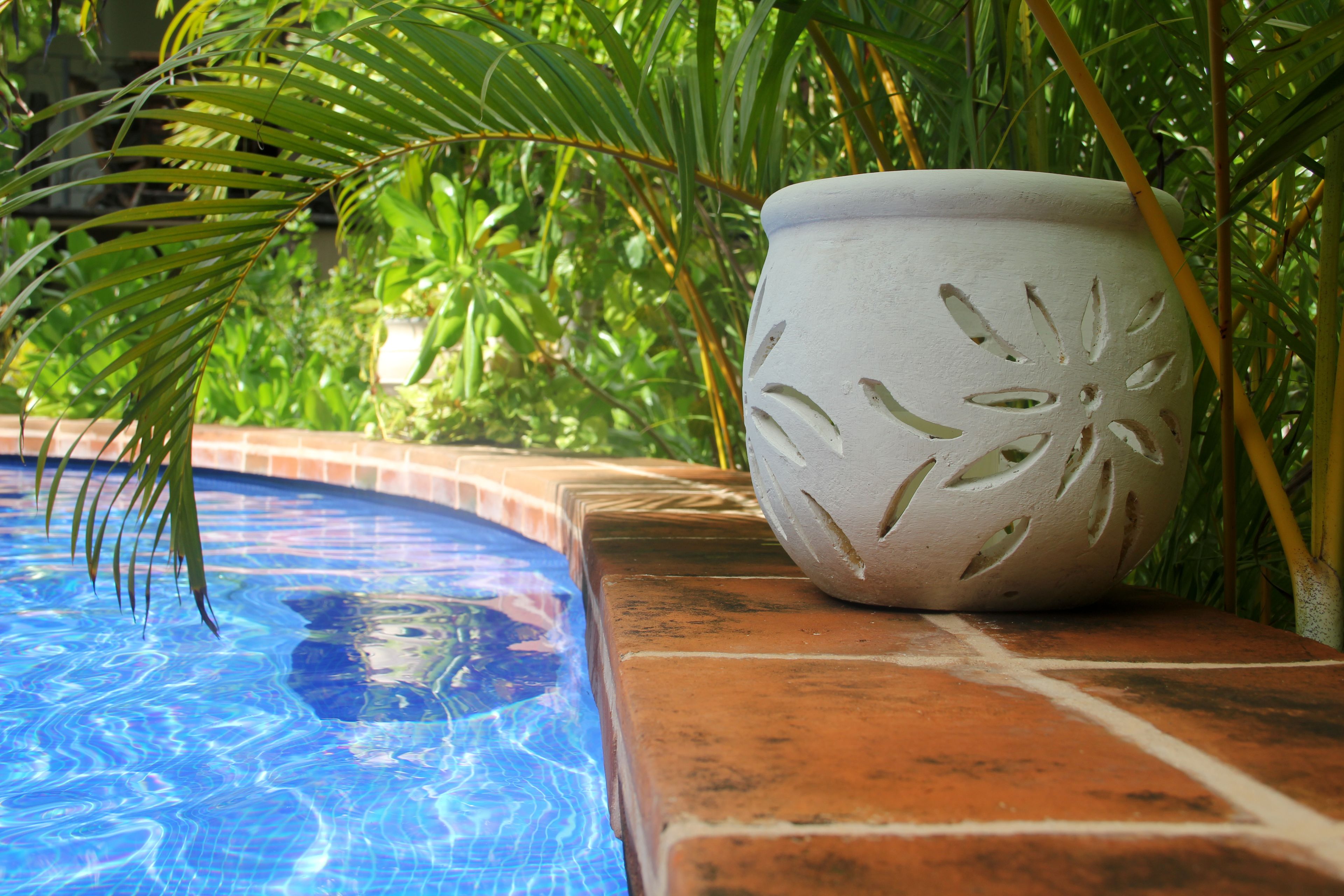 A white decorative pot with cut-out patterns by a swimming pool, surrounded by lush greenery.