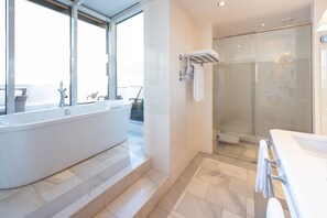 Junior Suite, Terrace | Bathroom | Combined shower/tub, deep soaking tub, eco-friendly toiletries