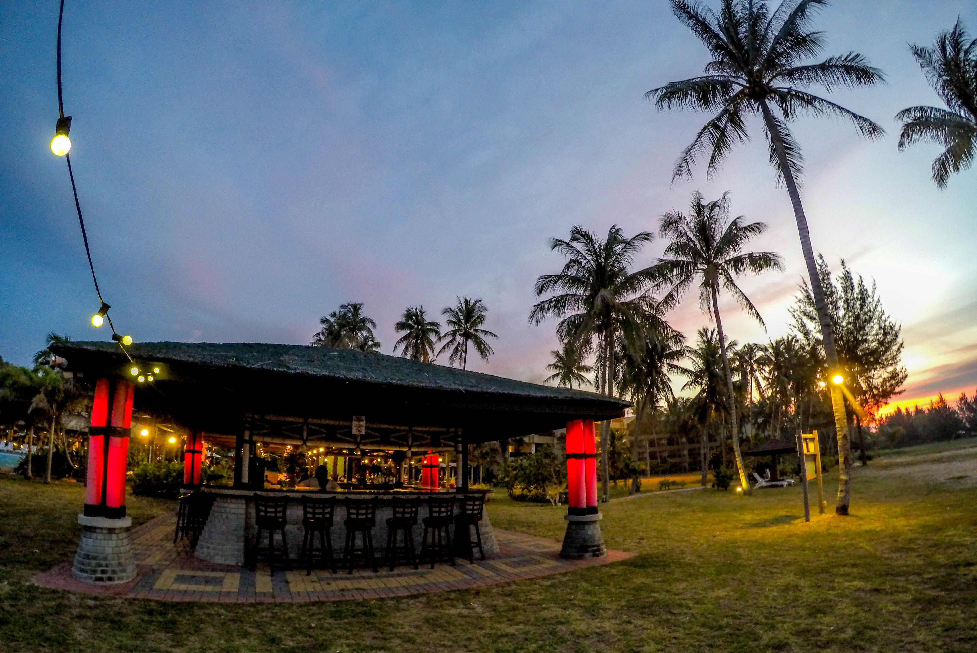 Uma área de bar coberta ao ar livre, com assentos, rodeada por palmeiras e um pôr do sol ao fundo.