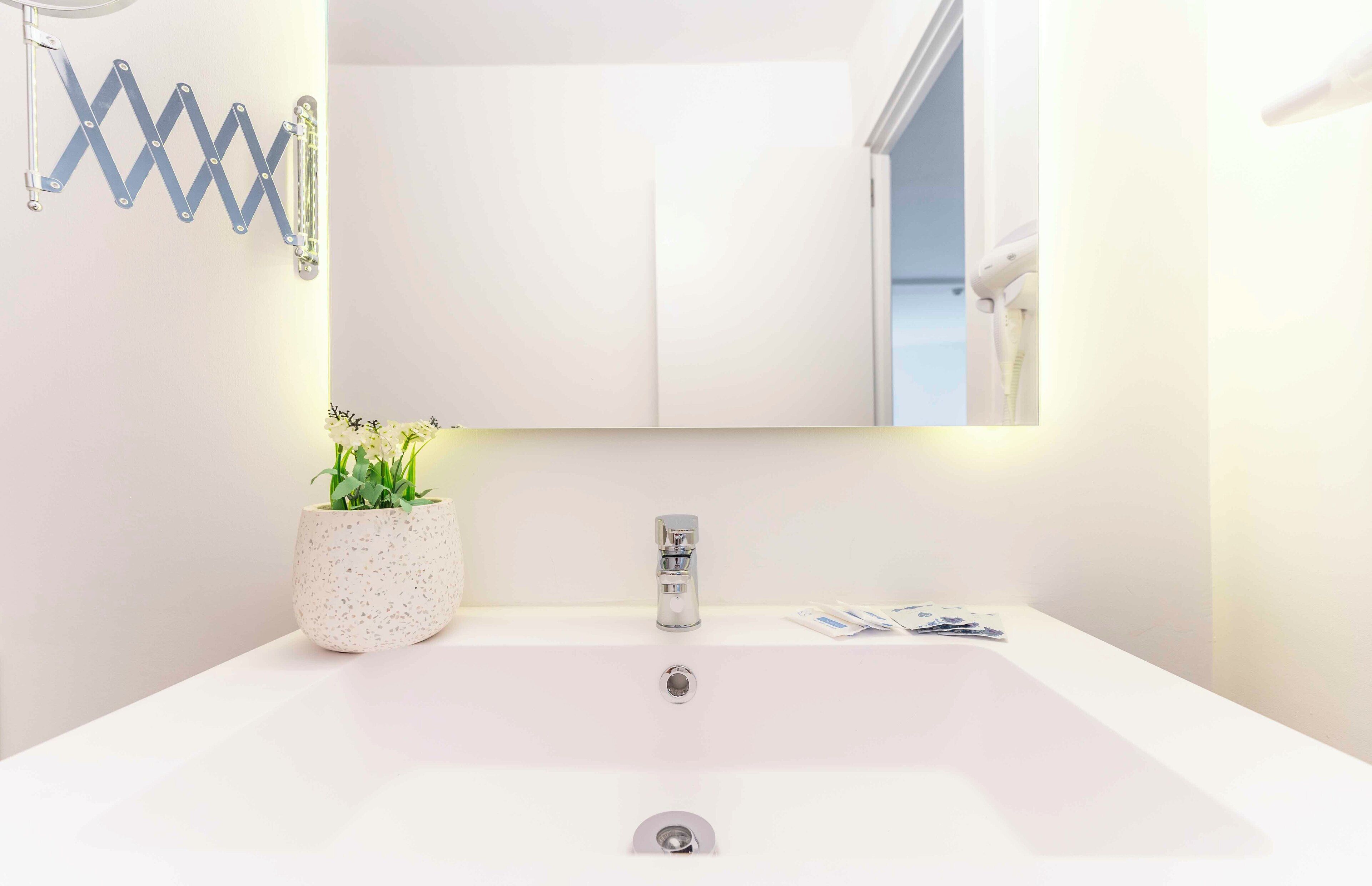 Une salle de bain moderne avec un lavabo blanc, un miroir au-dessus et une plante en pot sur la gauche.