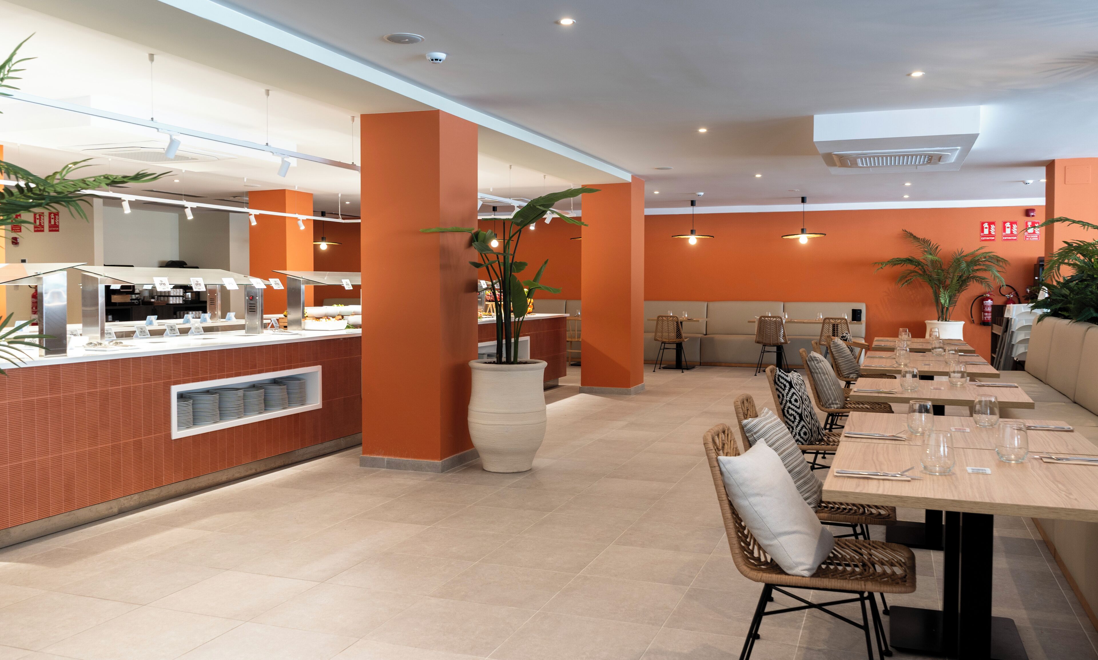 A modern restaurant with a buffet area, seating with cushioned chairs, and potted plants.