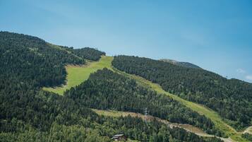 Un paysage montagneux, avec de vastes forêts et un petit chalet.