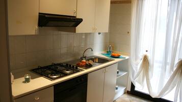 Apartamento, 1 quarto | Cozinha americana privada | Geladeira grande, micro-ondas (mediante solicitação), fogão, cooktop