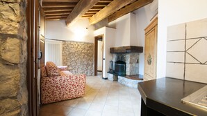 A cozy living room with a stone wall, wooden beams, a fireplace, and a patterned sofa. - Agriturismo Golfo dei Poeti Fattorie Bedogni Von Berger (La Spezia)