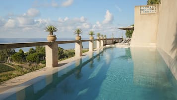 Seasonal outdoor pool, pool umbrellas, pool loungers