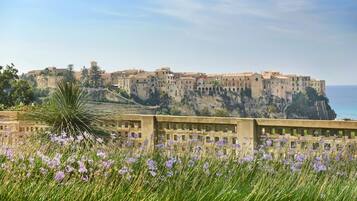 A coastal cityscape with historic buildings perched on a cliff overlooking the sea.