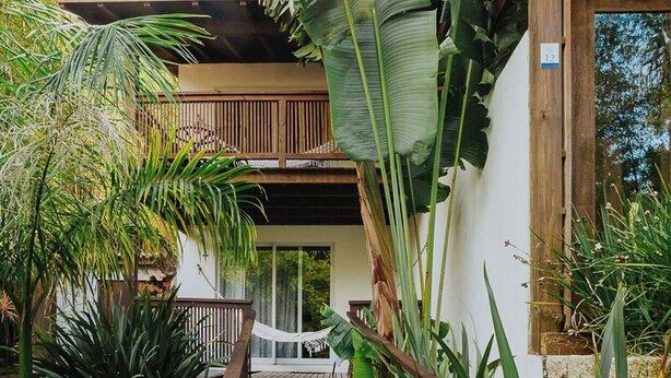 Una escalera de madera que lleva a una terraza de madera con barandilla, rodeada de exuberante vegetación tropical.