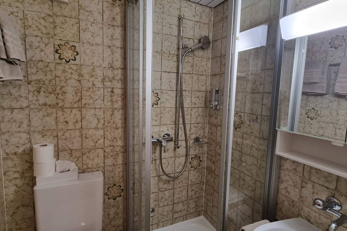 comfort triple room | bathroom | shower, hair dryer, towels, soap