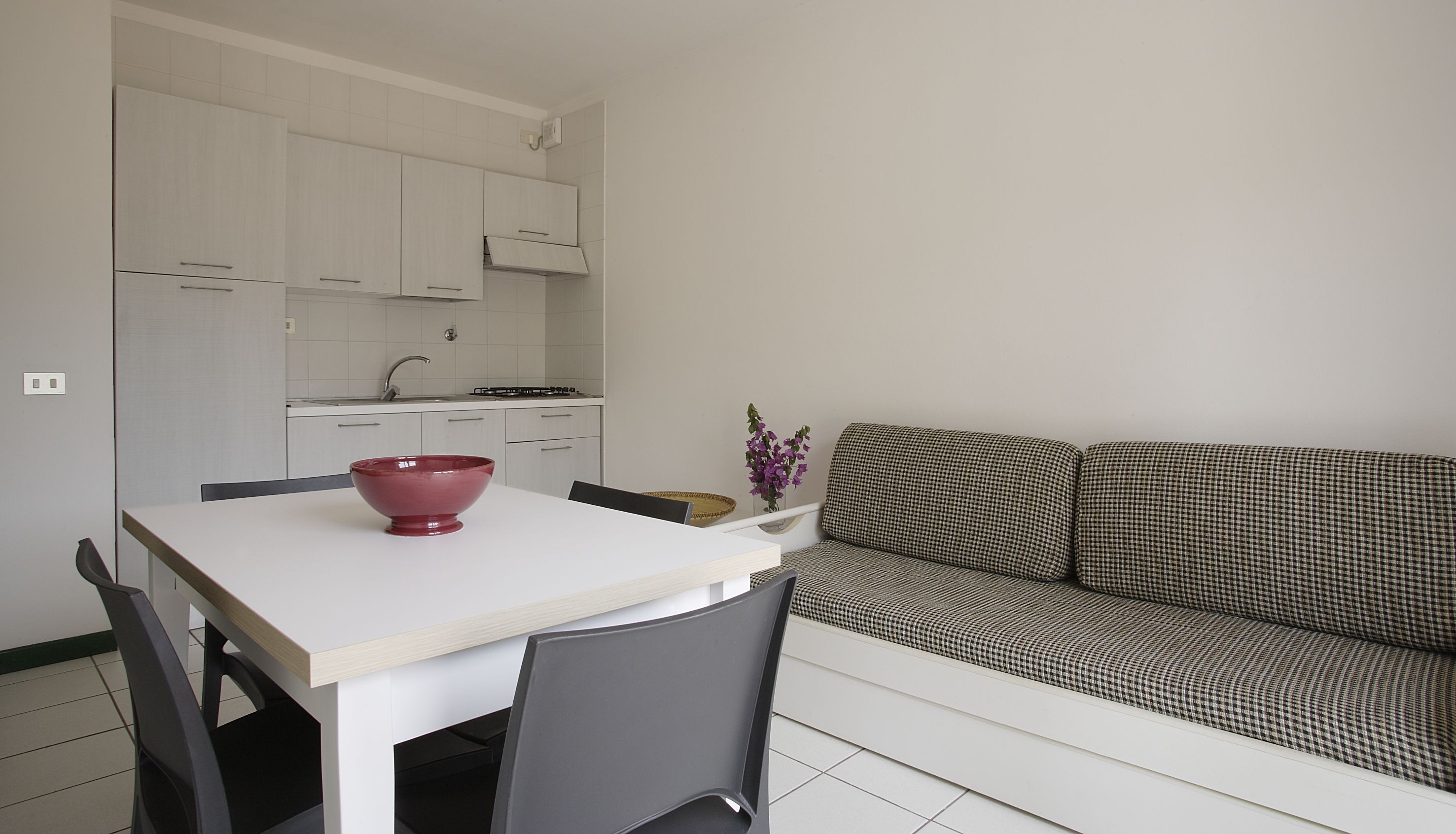 Un espace de vie compact comprenant un coin cuisine, une table à manger avec un saladier rouge, un canapé à carreaux et une petite plante décorative.