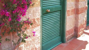 A building with a green shuttered door marked with the number 3, a stone wall, and a flowering bush. - Residenza Sant'Anna del Volterraio (Rio)