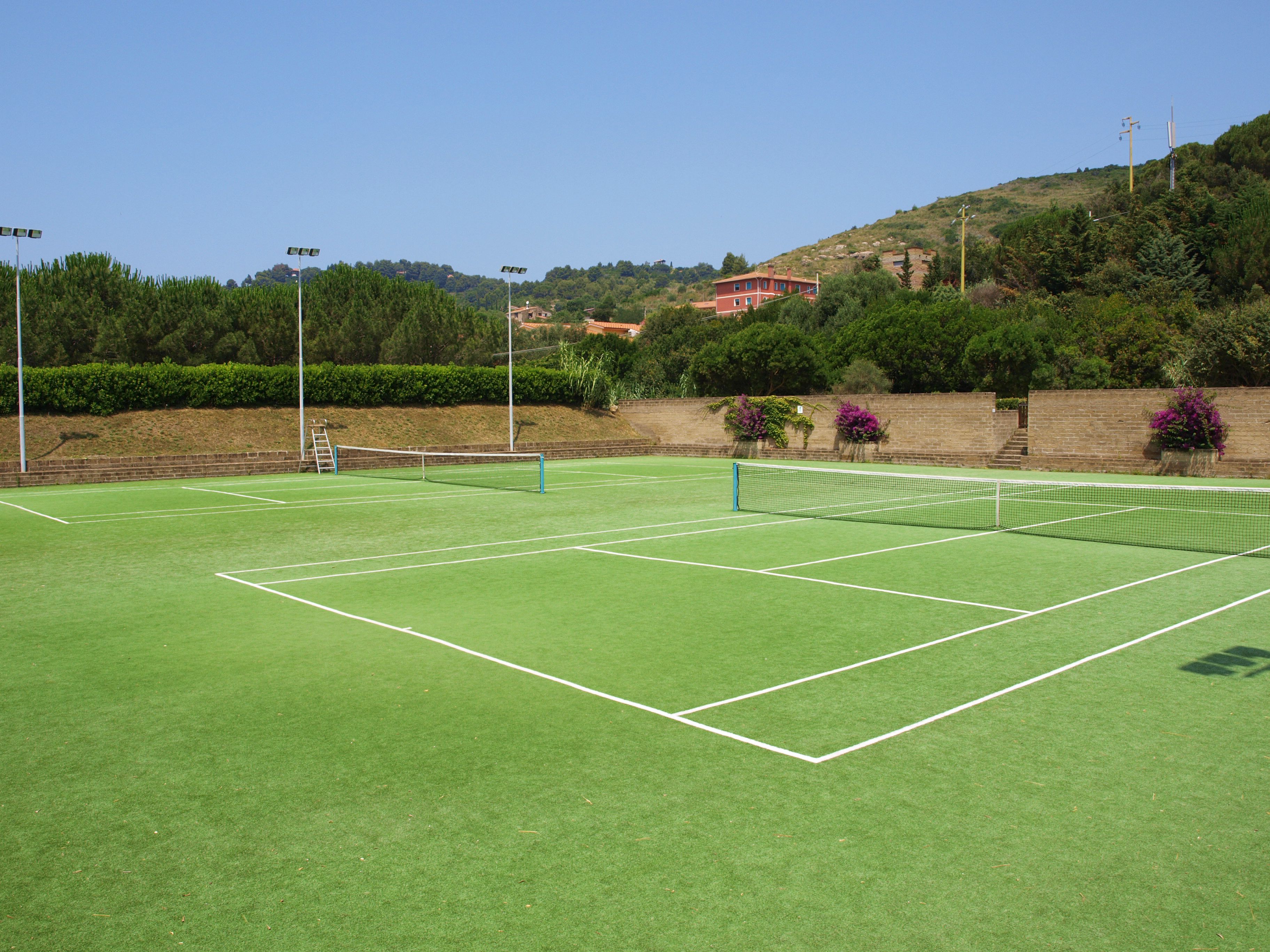 Un court de tennis avec un filet, entouré de verdure et bordé d’un mur de briques.