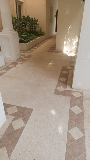 A corridor with patterned flooring, white walls, and a planter with green foliage. - Aventuras Club Lagoon (Puerto Aventuras)