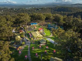 Vista aérea de un parque temático con montañas rusas, zonas de picnic y un lago.