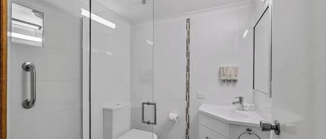 A modern bathroom with a glass shower enclosure, a toilet, and a sink with a towel ring.