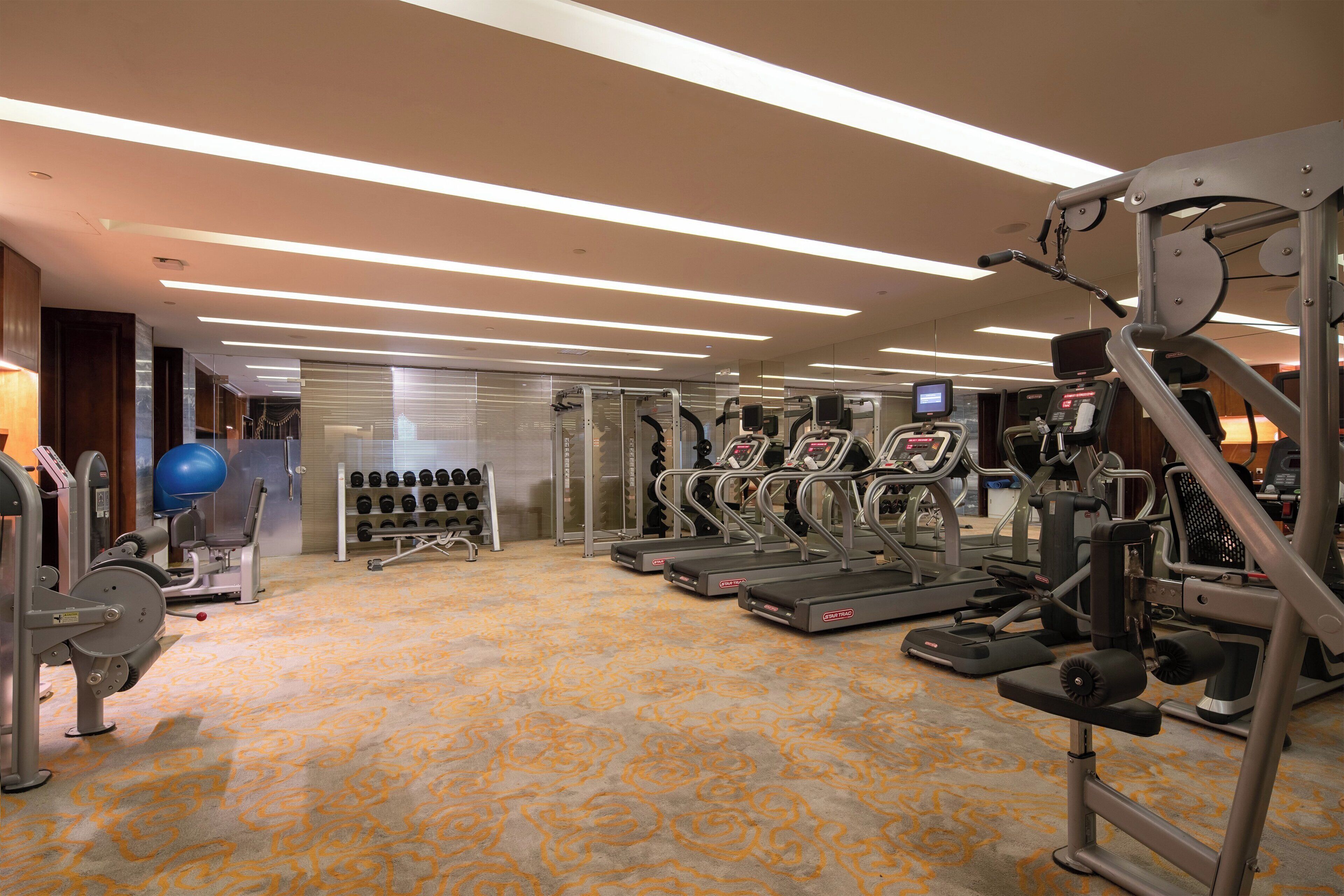 A gym with treadmills, weight machines, and a mirrored wall.