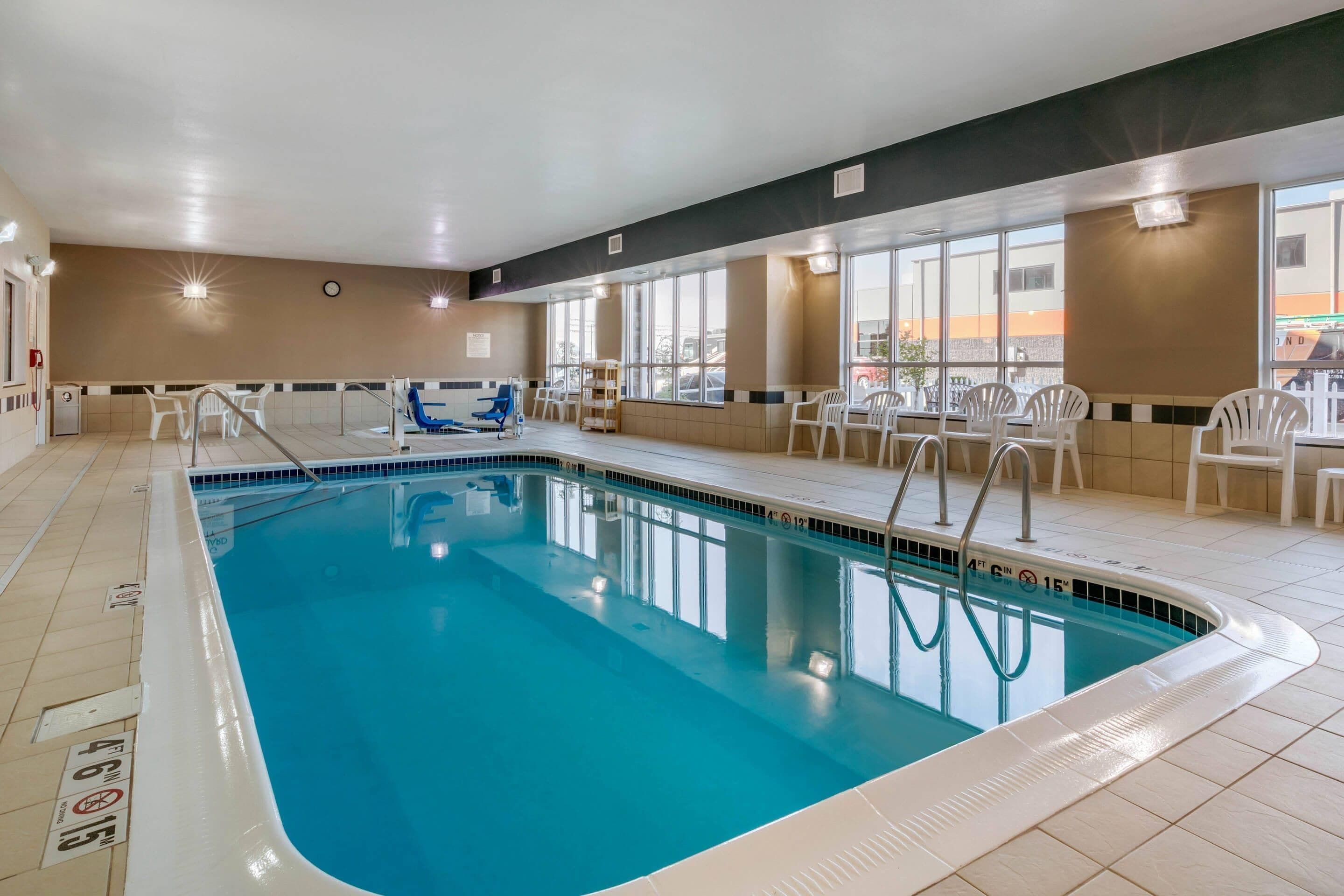Indoor pool, open 8 AM to 10 PM, pool loungers