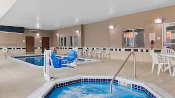 Indoor pool, open 8 AM to 10 PM, pool loungers