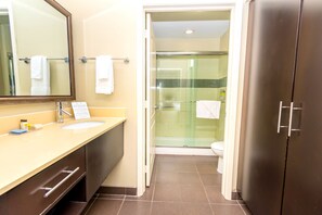 A modern bathroom with a sink, mirror, and a glass-enclosed shower.