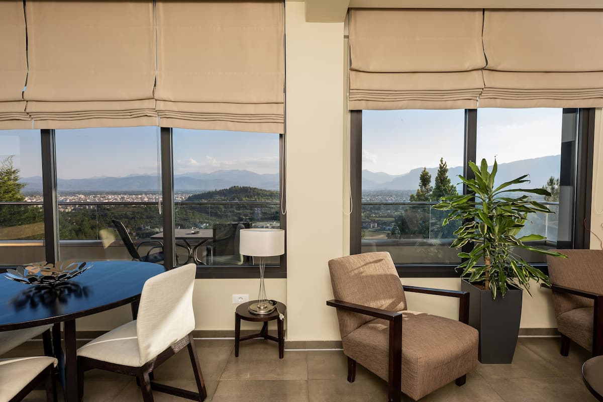 Una habitación moderna con una mesa de comedor, sillas, una lámpara y una planta en maceta.