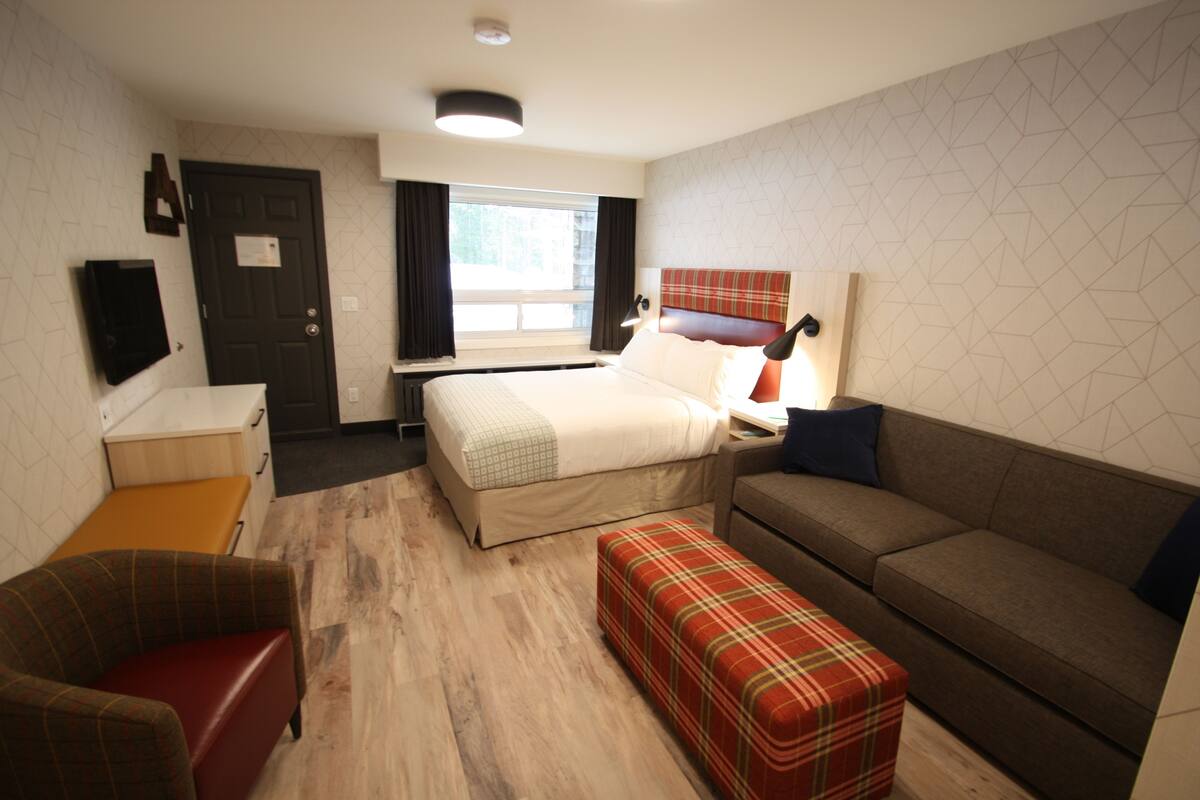 A hotel room with a bed, a sofa, a chair, a small table, a TV, a window, and a door.