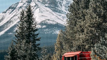 A red train with the number 8201 traveling through a mountainous area with snow-covered peaks and dense forests.