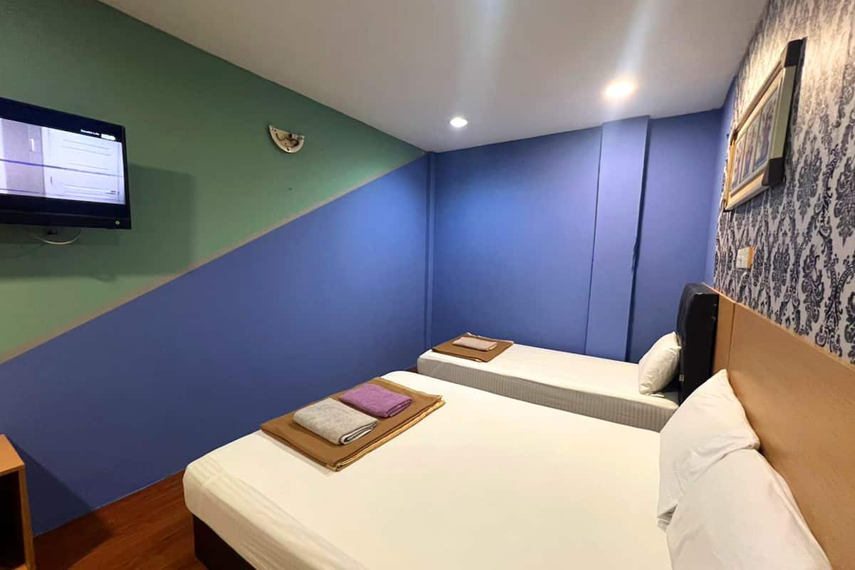 A room with two beds, a television on the wall, and a patterned wallpaper.