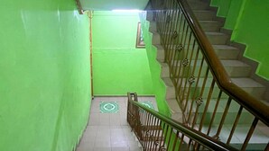 Uma escadaria com paredes verdes e corrimão de madeira.