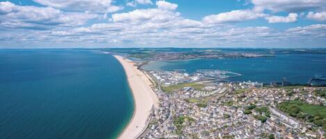 An aerial view of a coastal city with a beach, dense urban area, and a large body of water.