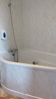 A bathroom with a bathtub, a shower, and a soap dispenser.
