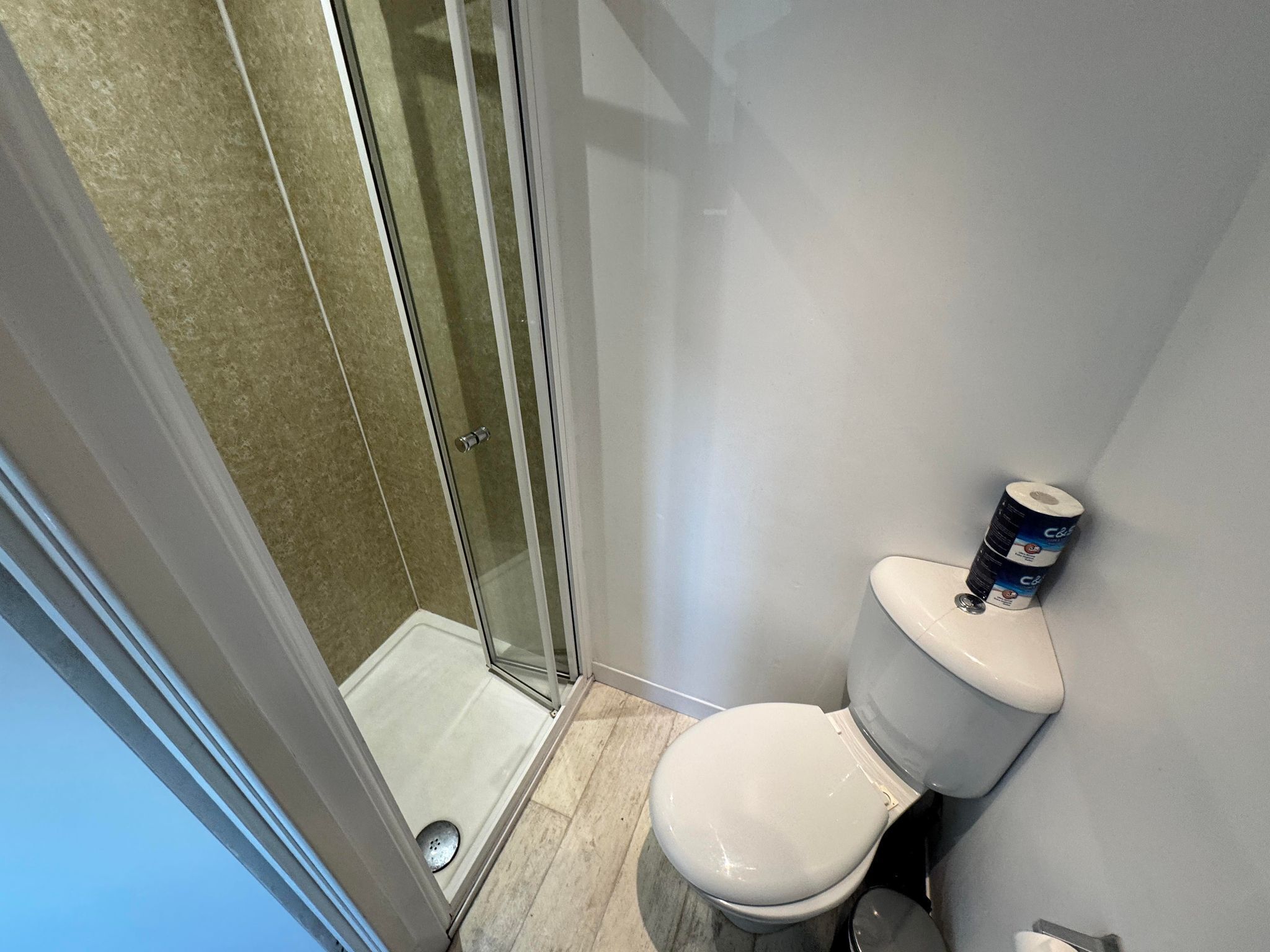 A bathroom with a toilet, a shower with a glass door, and a toilet paper roll on the wall.