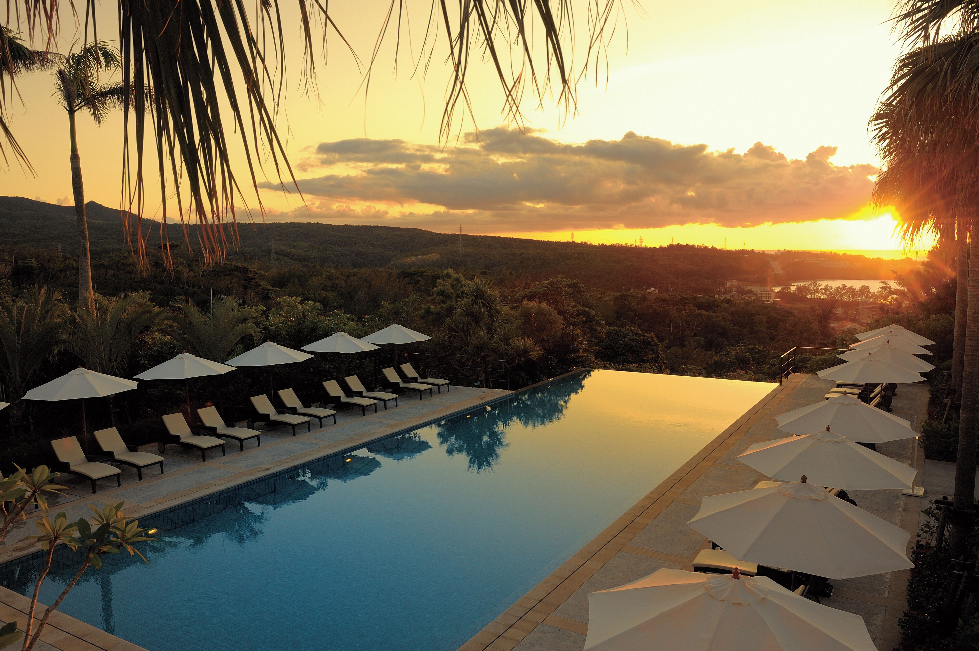 Outdoor pool, pool umbrellas, pool loungers