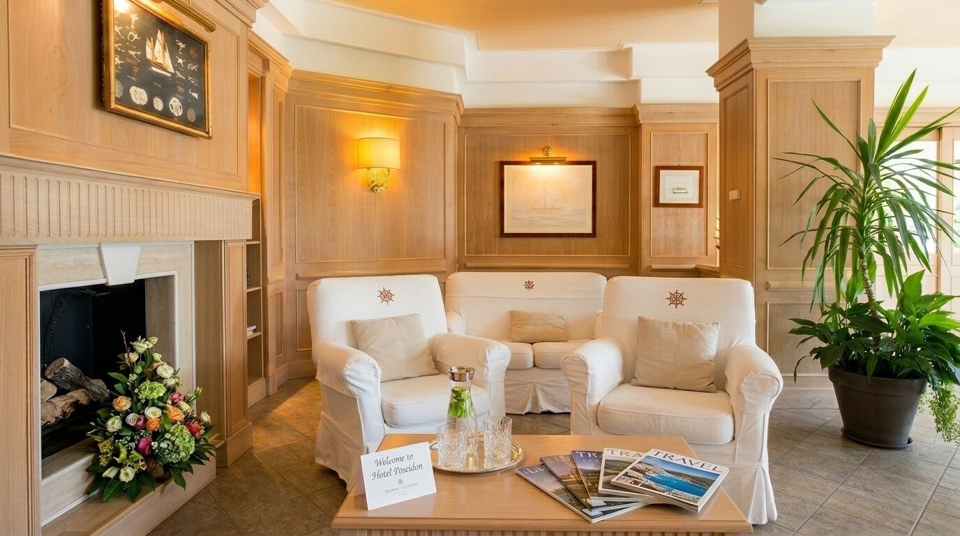 A lobby with a fireplace, two white armchairs, a coffee table with magazines, and a welcome sign.