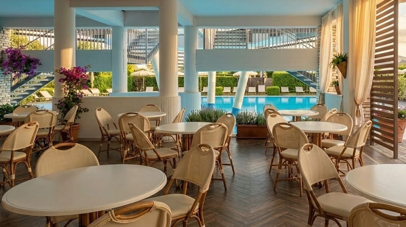 Un área de comedor en la azotea con mesas redondas y sillas de mimbre, con vistas a una piscina y zonas verdes.
