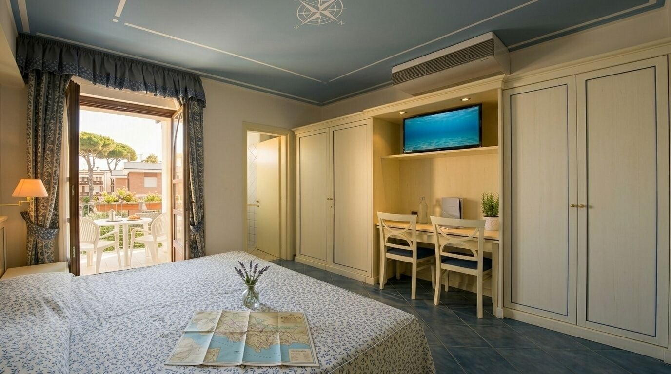 A hotel room with a bed, a desk with chairs, a television, and a view of the outdoors.