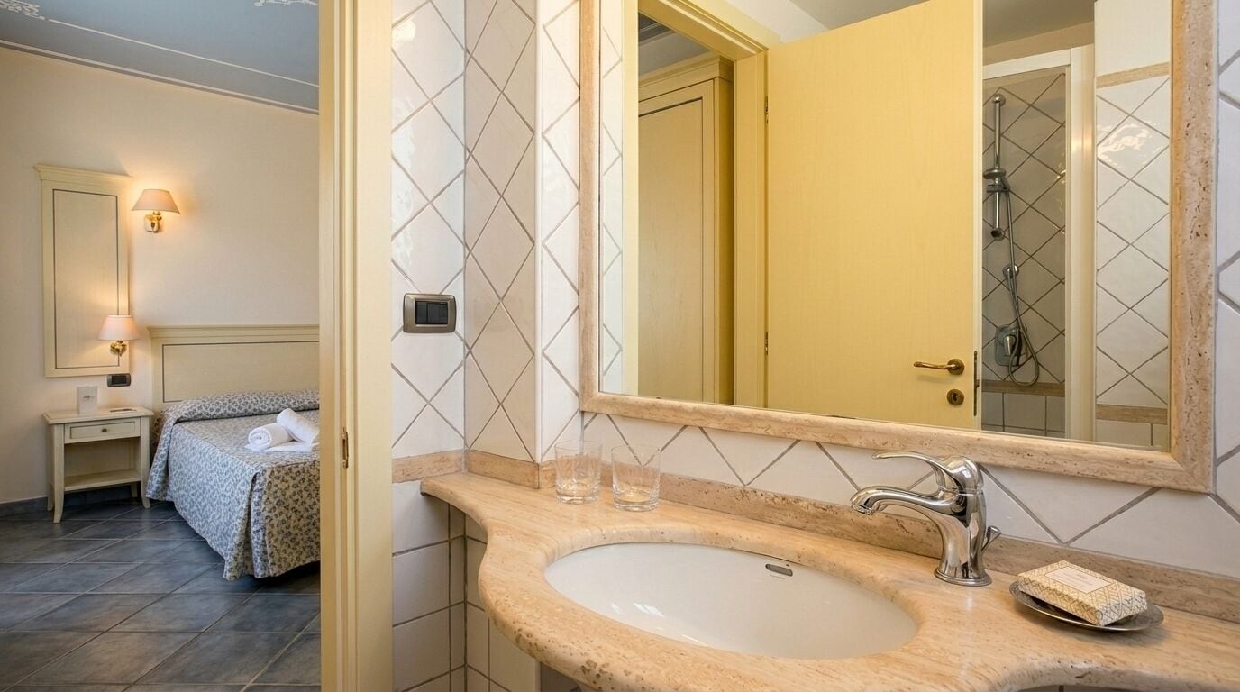 A hotel bathroom with a sink, mirror, and a bed in the adjacent room.