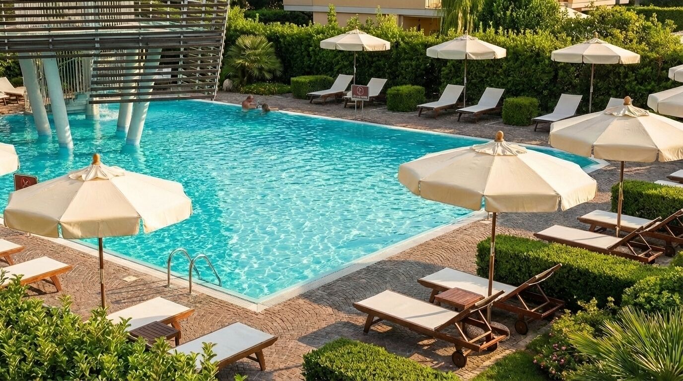 Una piscina con lettini e ombrelloni, immersa nel verde.