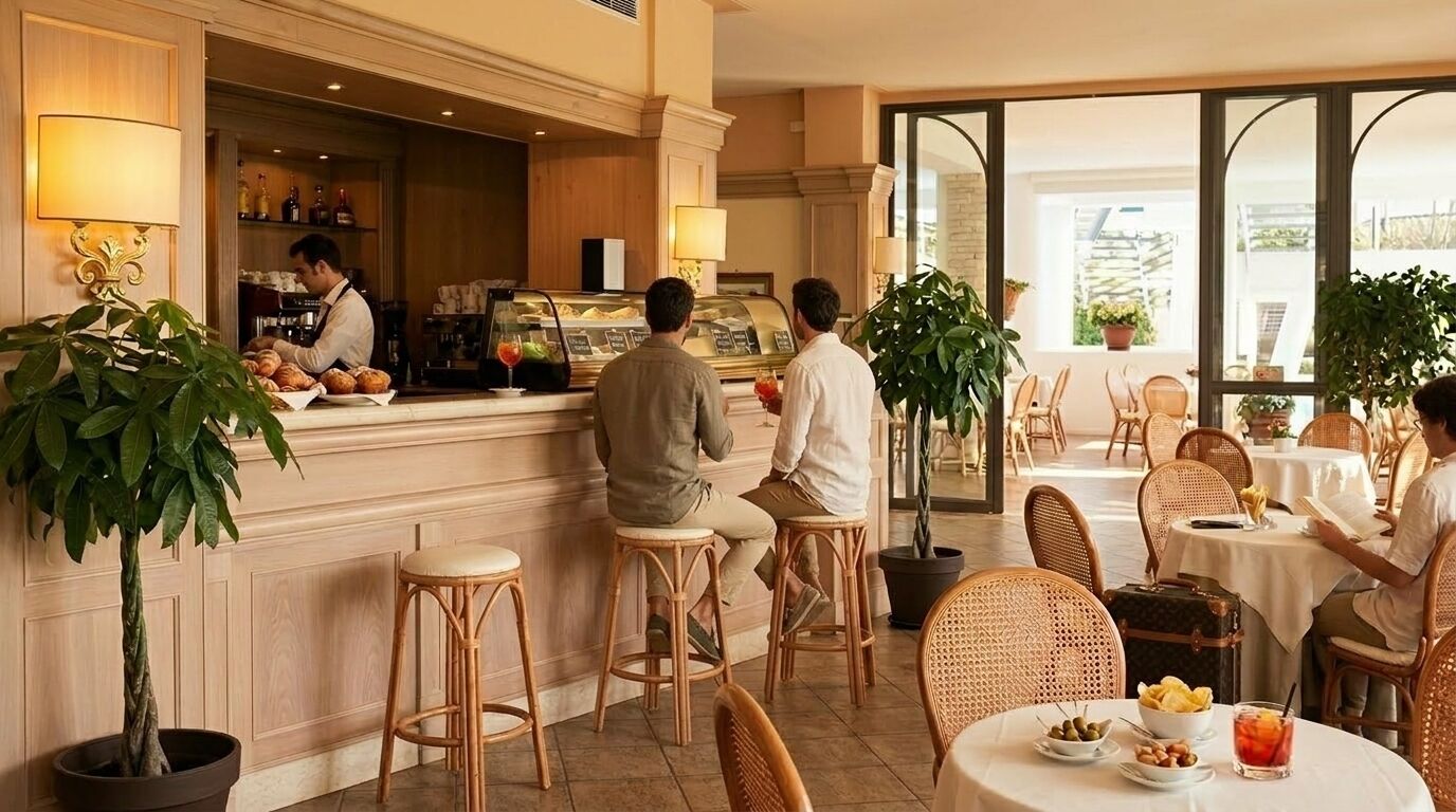 A restaurant with a bar area, wicker furniture, and potted plants.