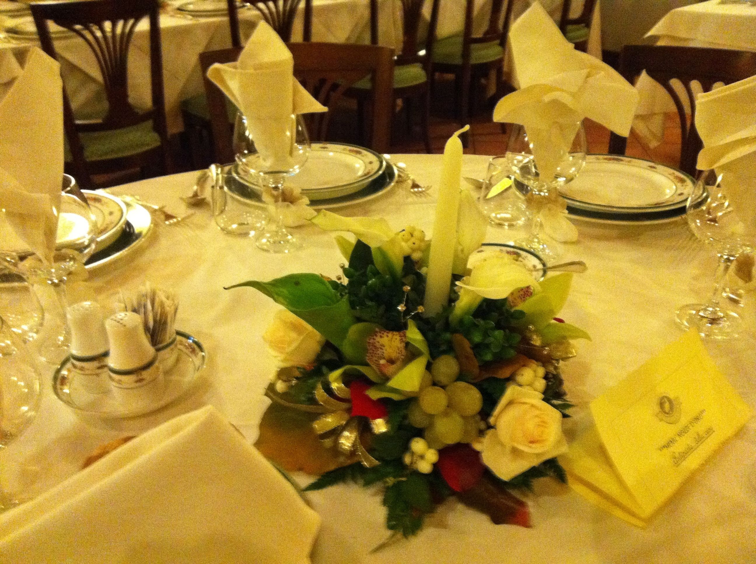 A table set for dining with a centerpiece of flowers and candles.