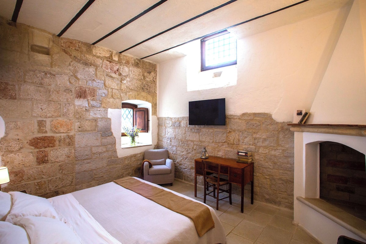 A bedroom with stone walls, a bed, a desk, a chair, a TV, and a fireplace.