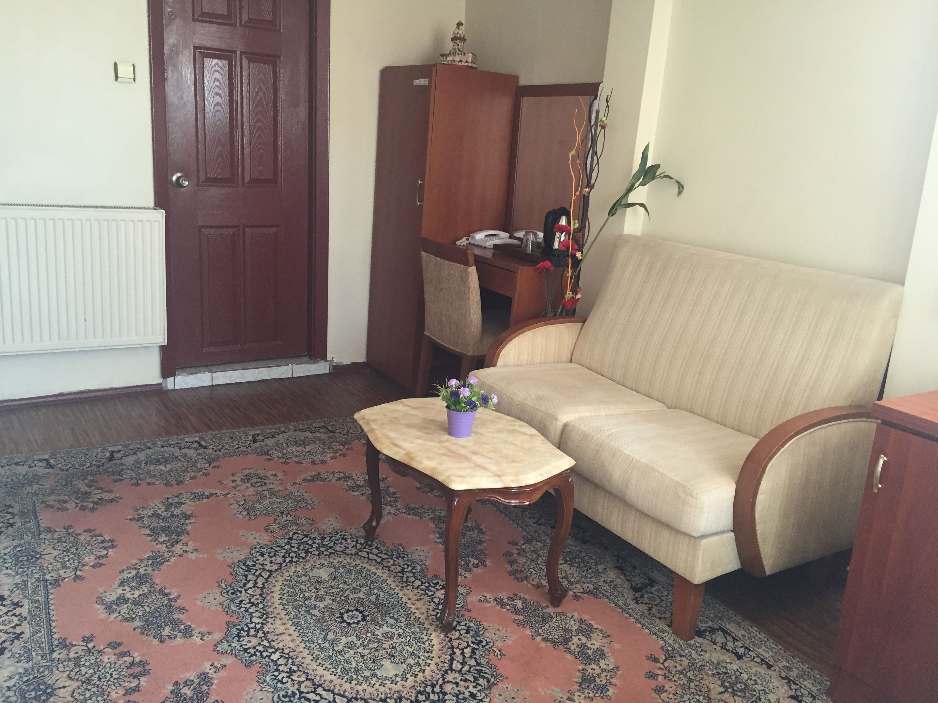 A living room with a beige sofa, a wooden coffee table with a purple flower vase, a patterned rug, a wooden cabinet, and a radiator.