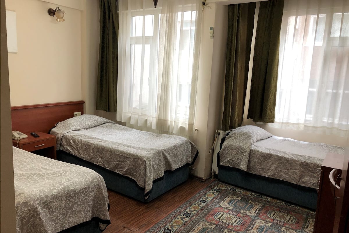 A hotel room with two single beds, a wooden nightstand, a telephone, and a patterned rug.